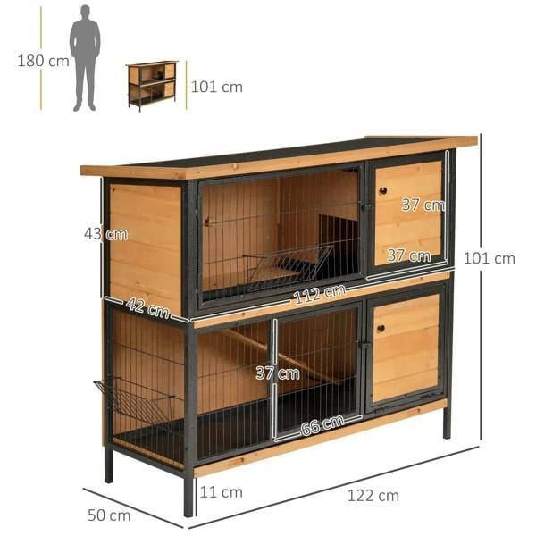 Metal rabbit hutch with light wood panels and wire mesh, two-level design with front doors