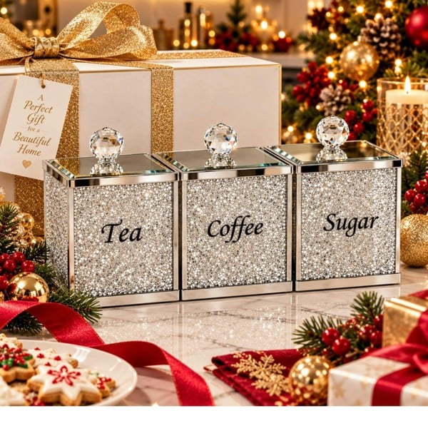 smartbies 3 Piece Tea Coffee Sugar Canisters Set – Crushed Crystal Storage Jars with Mirrored Lids & Crystal Knobs – Luxury Kitchen Containers
