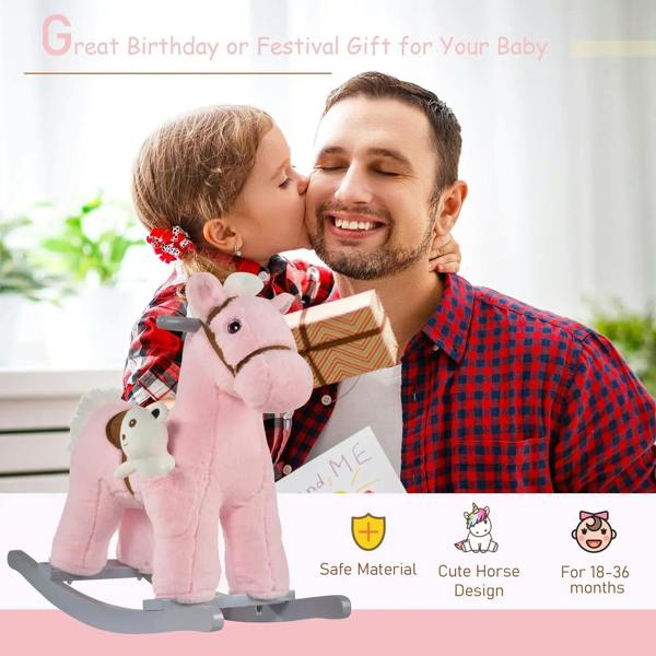 Pink plush ride-on rocking horse with brown saddle and plush bear doll, child gift-style
