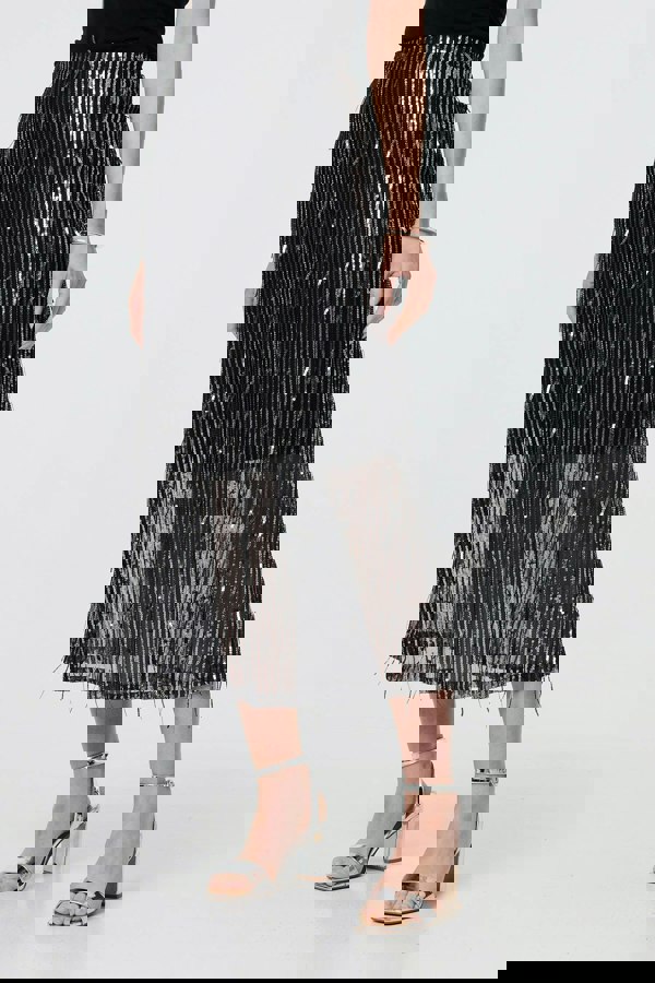 Black | Sparkly Striped Mesh Layer Midi Skirt
