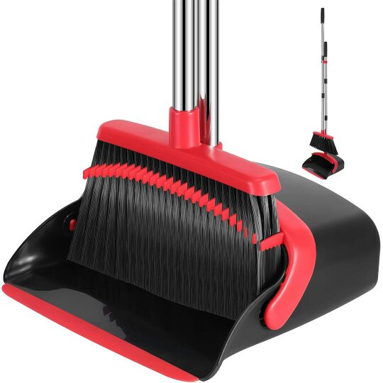 Havendro Dustpan and Brush Set Extra Long Home Kitchen Handle Vertical Broom Cleaning Kit - black