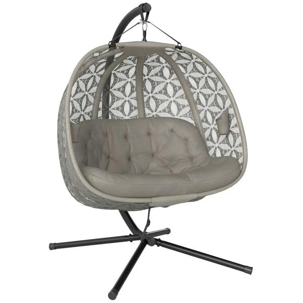 Outdoor hanging chair with patterned canopy, padded seat cushion, sand brown frame