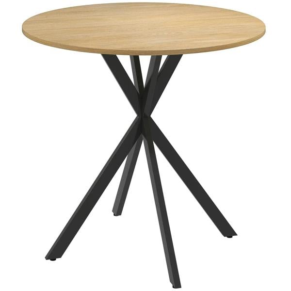 Round oak dining table with dark cross-braced tripod legs, 80 cm tabletop