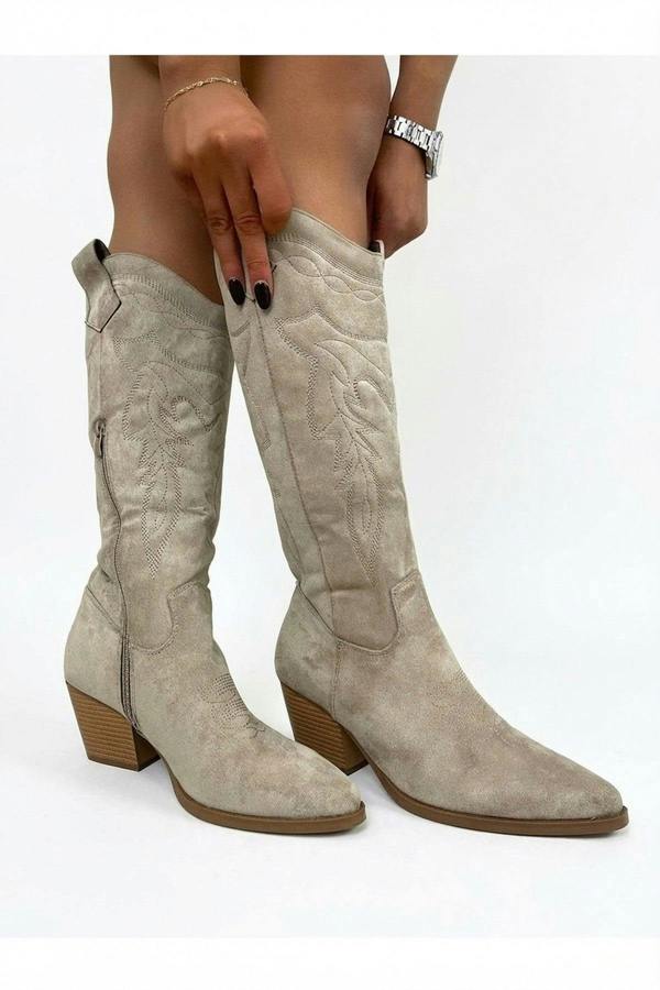 Samira Block Heel Cowboy Boots - Beige_wb