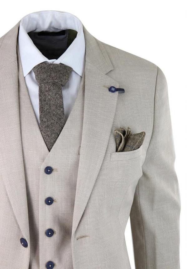 House of Cavani Mens 3 Piece Cream Linen Summer Spring Classic Suit