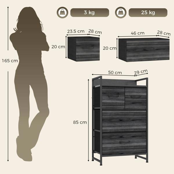 HOMCOM Bedroom Chest of Drawers Drawer Dresser with Shelf Black Wood Effect