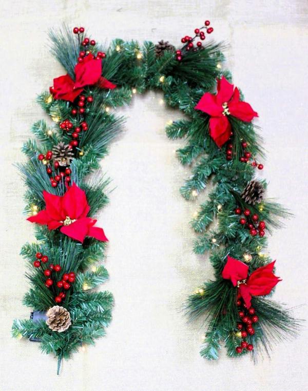 2m Pre Lit Red Poinsettia Garland with 50 Warm White LEDs for Home Display image 3
