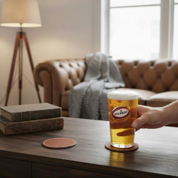 A hand holding a Personalised Rugby Ball Beer Glass filled with beer on a leather coaster in a cosy living room.
