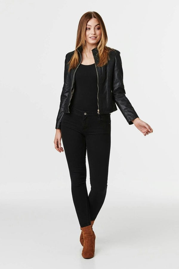 Black | Zip Front Faux Leather Jacket