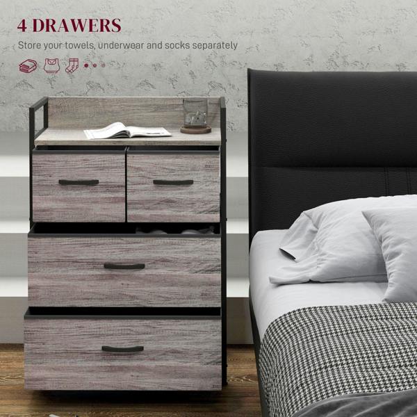 Grey wood-look chest with four fabric drawers and top storage under open cover