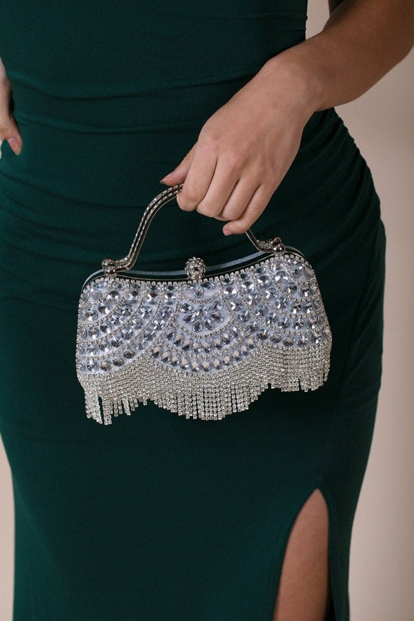 SVNX Embellished Fringe Clutch Bag In Silver