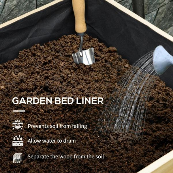 Garden bed liner inside raised planter box with soil and watering stream