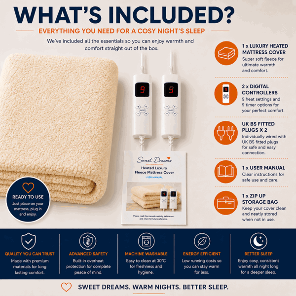 Sweet Dreams King Size Electric Heated Blanket Mattress Soft Fleece Throw 9 Heat And 9 Timer Settings Dual Controller Washable