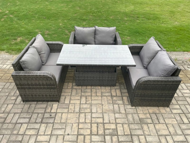 Fimous Rattan Garden Outdoor Furniture 3 PC Love Sofa Set Patio Adjustable Rising lifting Dining Table Dark Grey Mixed