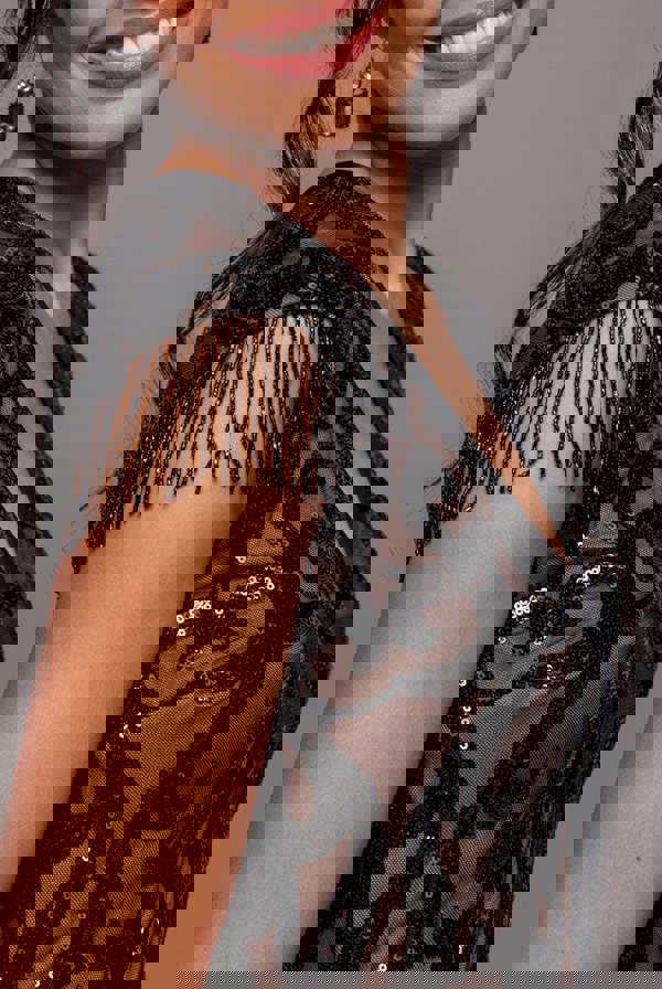 Embroidered Sequin Tassel Front Split Midaxi Dress - Black DR4590