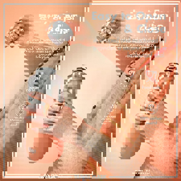 Hands unscrewing a metal lid from an orange travel flask against a peach background Text reads Easy to Open & Close A shaped and machined lid provides a secure grip for a leakproof seal Food safe BPA free 100% carbon neutral TRAVEL FLASK