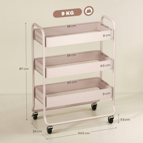 Wyld Haus Noluli Doha Metal Light Pink 3 Tier Rolling Utility Trolley With Mesh Baskets