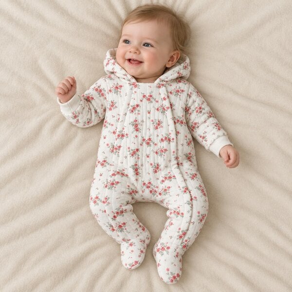 Mini Cuddles Rose-Print Pramsuit (White)