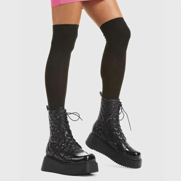 Lamoda Reason Why Black PU Pink Heart Platform Creeper Boots Trendy Style