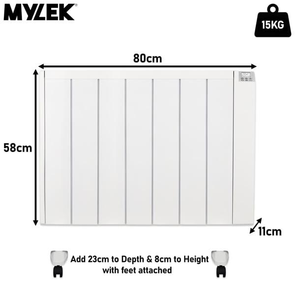 MYLEK Electric Radiator Panel Heater Ceramic White Eco 2000W Bathroom Safe Wall Mounted Or Free Standing With Timer Thermostat