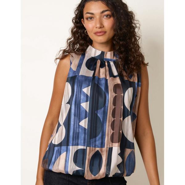 Blue Vanilla High Neck Sleeveless Geometric Blouse