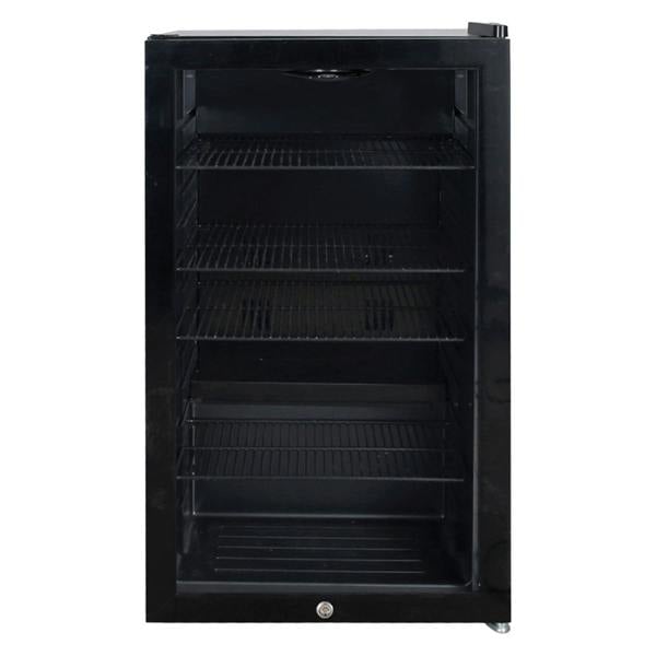 The Igenix Under Counter Drinks Fridge, 98 Litre, Black features a glass door, four wire shelves, and is shown open and empty. Its spacious design is perfect for storing your favorite beverages.