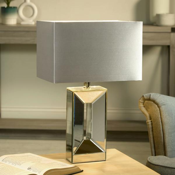 Sleek Mirror‑Panel Table Lamp with Fabric Rectangle Shade