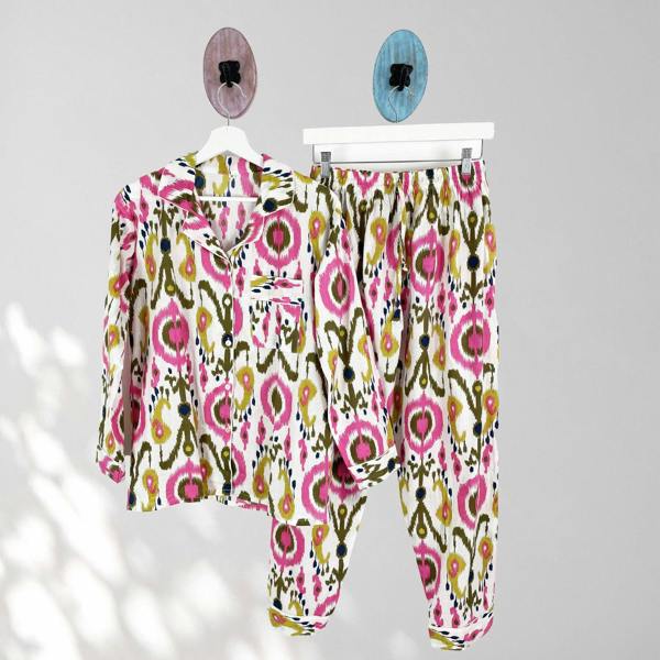 Hayley & Co Ikat Print 100% Cotton Long Pyjama Set in White and Print