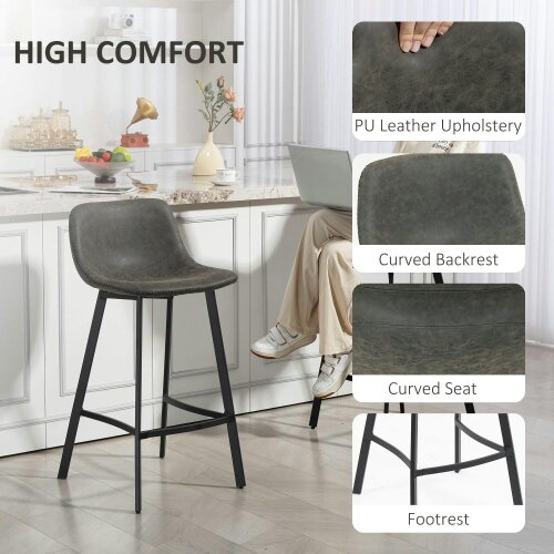 Wyld Haus Nora Set Of 2 Grey Faux Leather Dining Bar Stools With Back And Foot Support