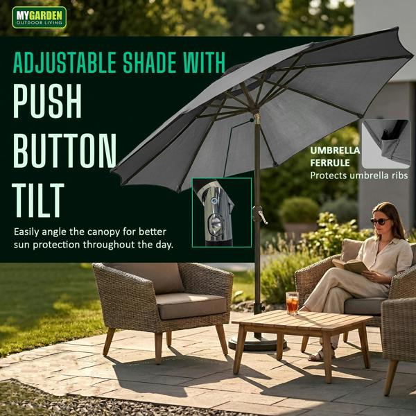 My Garden Outdoor Living Parasol Umbrella 2m Dia - Push Button Tilting Patio Umbrella with Crank Lift - Polyester Canopy, Outdoor Sun Shade
