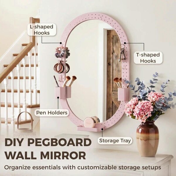 Oval Wall Mirror, 60 x 90 cm Decorative Hanging Mirror with Pegboard Frame, Wall-Mounted, Pink