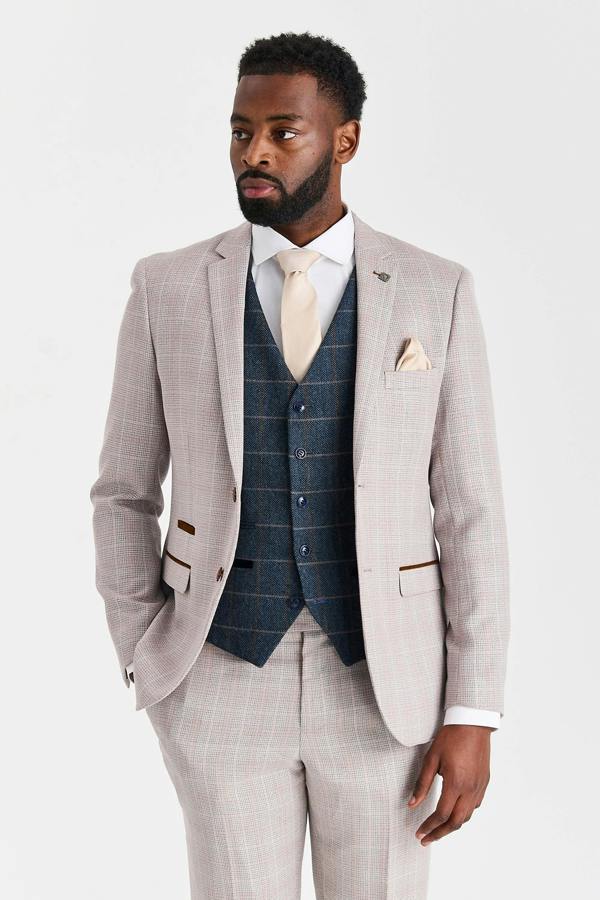 Paul Andrew Leo Beige Suit with Harris Navy Tweed Waistcoat