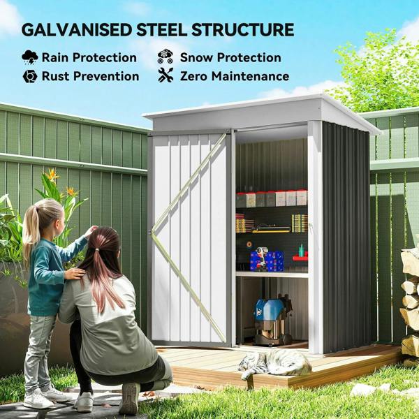 Lean-to metal garden shed with dark grey side panels and open storage compartment