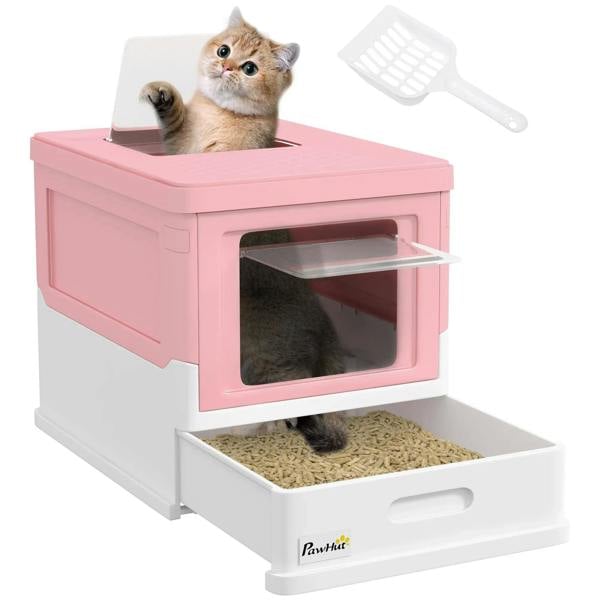 Pink hooded cat litter box with front entry, open drawer, and included scoop