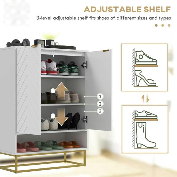 White shoe storage cabinet interior with adjustable shelves for shoes, chevron door design