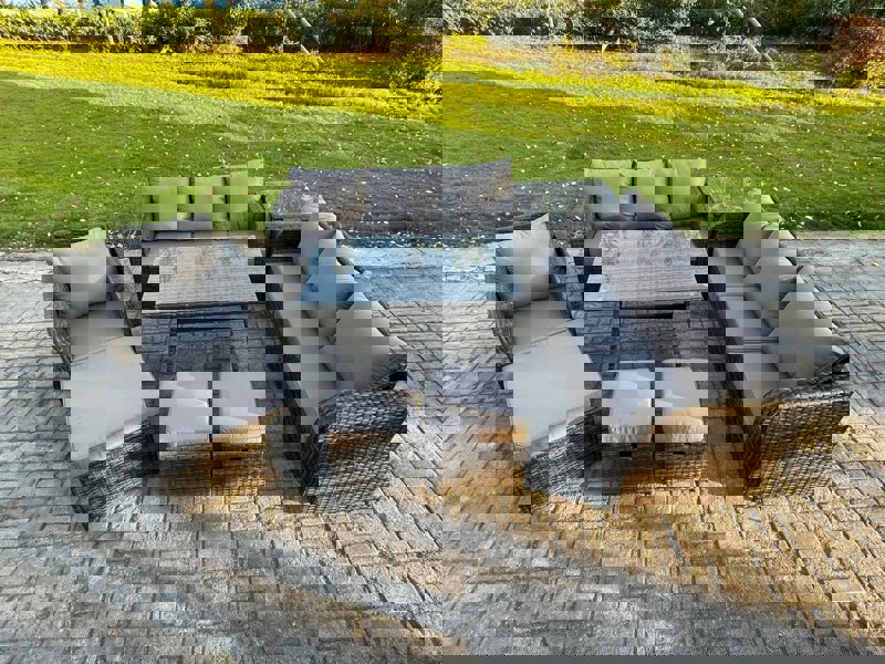 Fimous Wicker 8 Pieces Rattan Garden Furniture Sofa Set with Rectangular Dining Table Armchair 3 Footstools Side Table Dark Grey Mixed