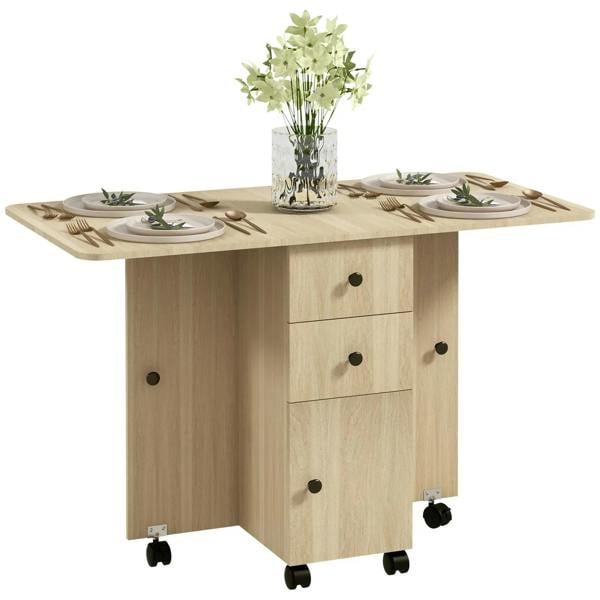 Natural wood-effect drop-leaf dining table with drawers and caster wheels