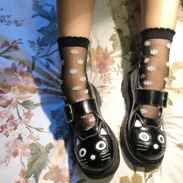 TUK Footwear TUK Womens Mary Jane Kitty Black Leather Platform Goth Shoes - T2025