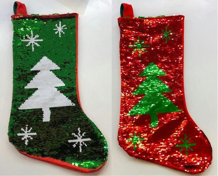 45cm Reversible Sequin Christmas Stocking Sack, Multicolour Tree Shape Festive Gift Bag image 5