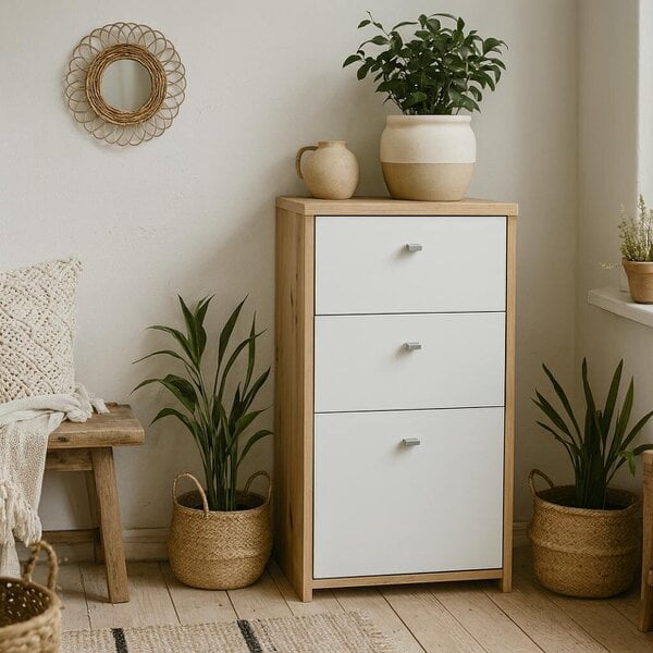 Wyld Haus Willowmere White and Natural Artisan Wood Chest Storage Cabinet 2 Drawers 1 Door