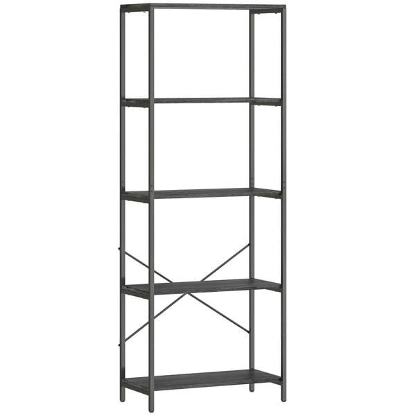 5-tier industrial bookshelf with metal frame, dark grey and black open shelving
