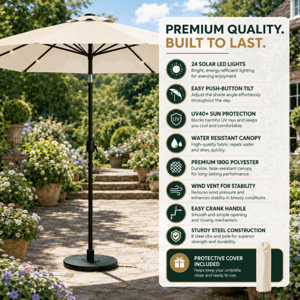 GlamHaus Garden Parasol Solar LED 2.7M ,Tilting Table Umbrella with Crank Handle, Protection UV40, Includes Parasol Cover- Cream