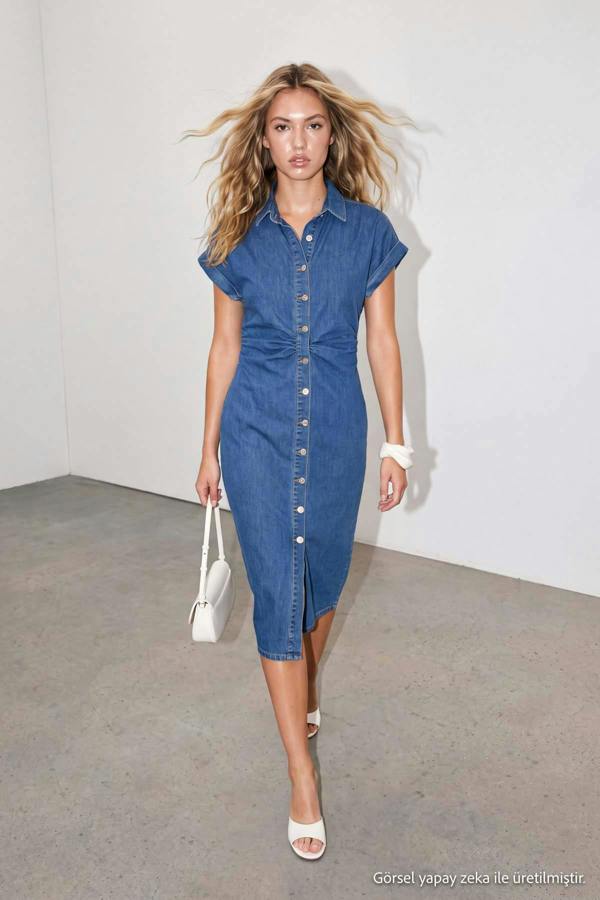 WOVCOR Shirt Collar Short Sleeve Button Front Bodycon Midi Dress