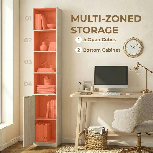 Bookcase Adjustable Shelf Bookshelf Anti-Tip Hardware 6-Tier Storage Cabinet Oak Wood Effect