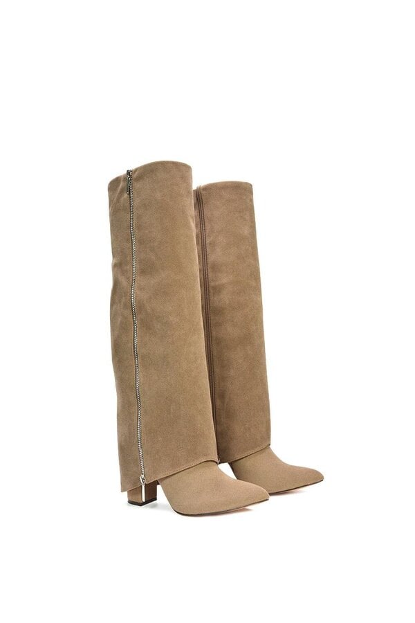 XY LONDON Knee High Boots Fold Over Point Toe Deco Zip