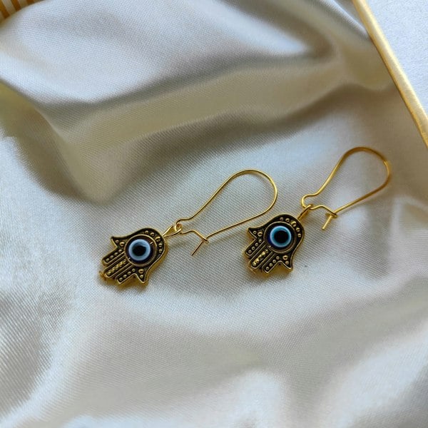 The Colourful Aura Long Silver Evil Eye Dainty Fatima Hand Hamsa Huggie Latch Back Boho Earrings