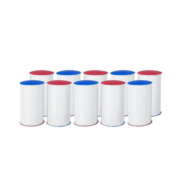 Set of ski markers with red and blue lids on a white background
