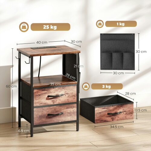 Wyld Haus Yoroma Rustic Brown Bedside Table With Built In Charging Ports 2 Drawers