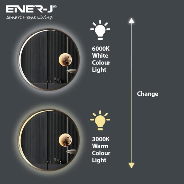 ENER-J Round Aluminum LED Mirror with Moon Design - 70cm Diameter, Dimmable & CCT Adjustable Lighting
