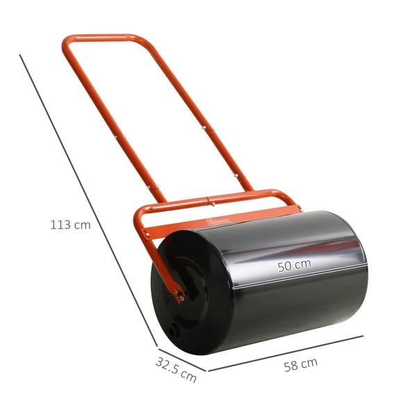 Red steel lawn roller with black drum, 58 cm long and 50 cm wide
